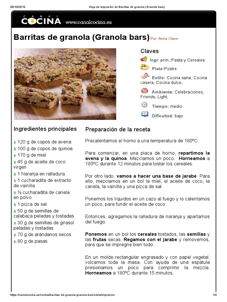Barritas de Granola (Granola Bars) ANNA O PDF Postres Alimentos
