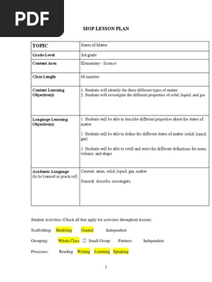 siop lesson plan - science