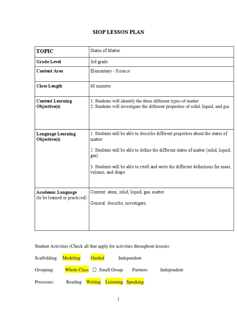 3rd Grade States of Matter Lesson Plan | PDF | Matter | Lesson Plan