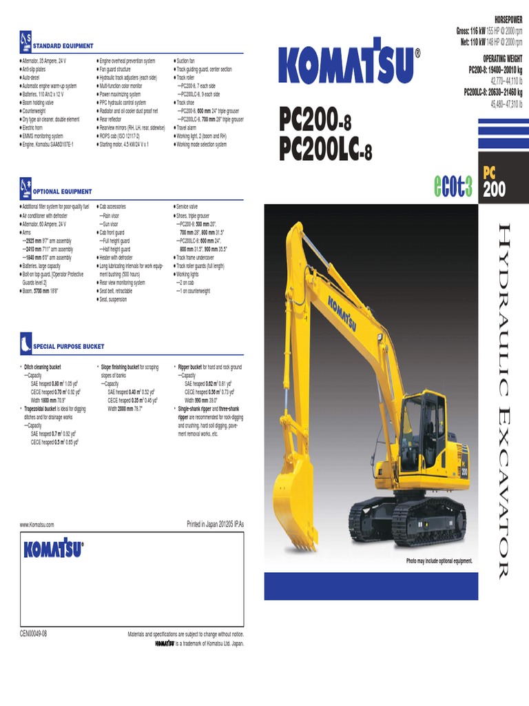 Profile KOMATSU Excavator PC200 PDF PDF Computer Monitor Pump