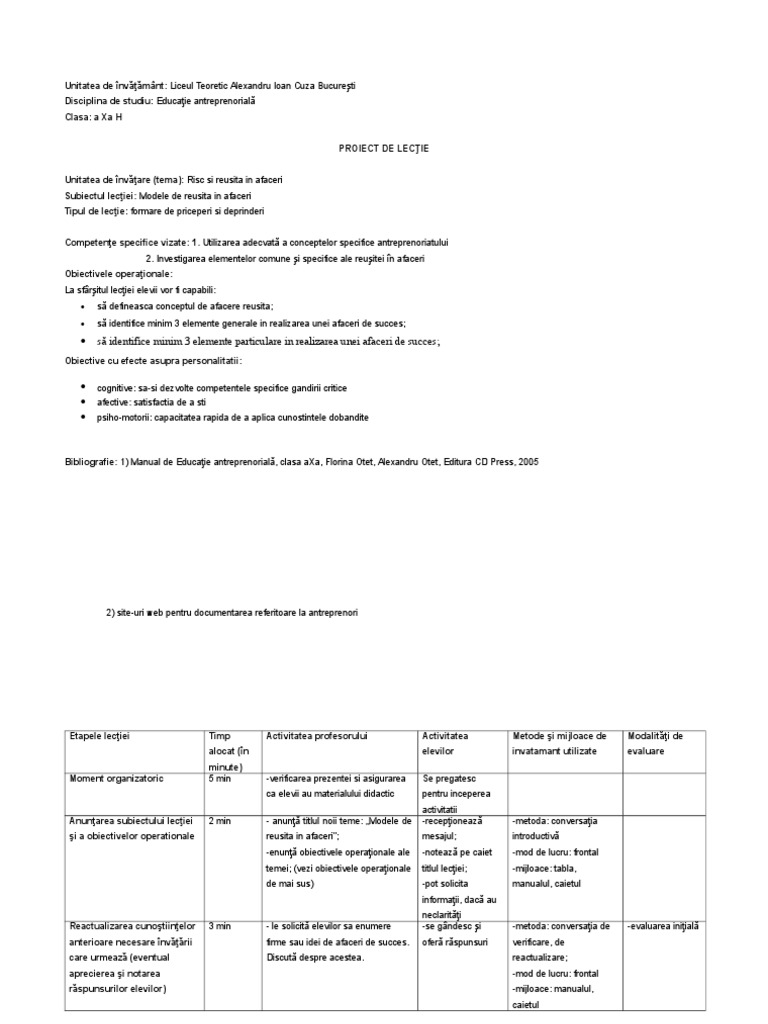Plan De Lectie Modele De Reusita In Afaceri Copy