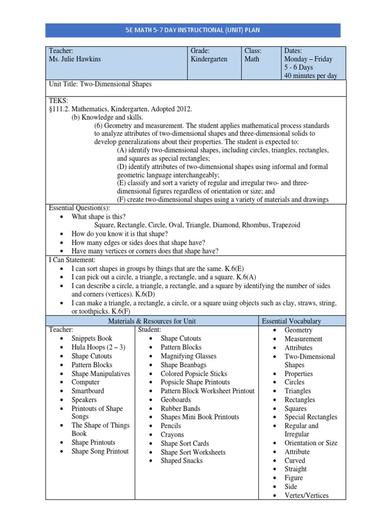 Hawkins 5e Instructional Unit Plan PDF Rectangle Shape