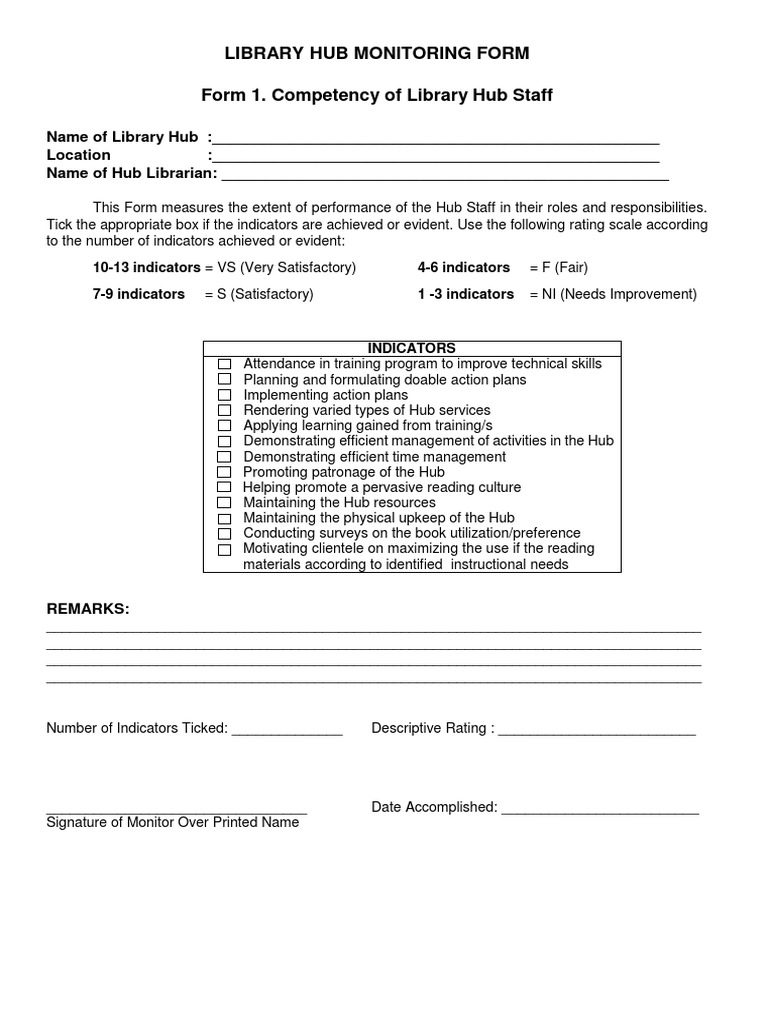 Library Hub Monitoring Assessment Forms | PDF | Books | Libraries
