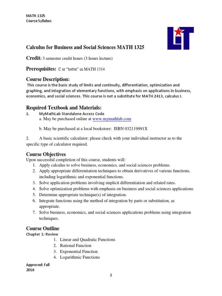 Business Calculus Course Syllabus | PDF | Derivative | Integral