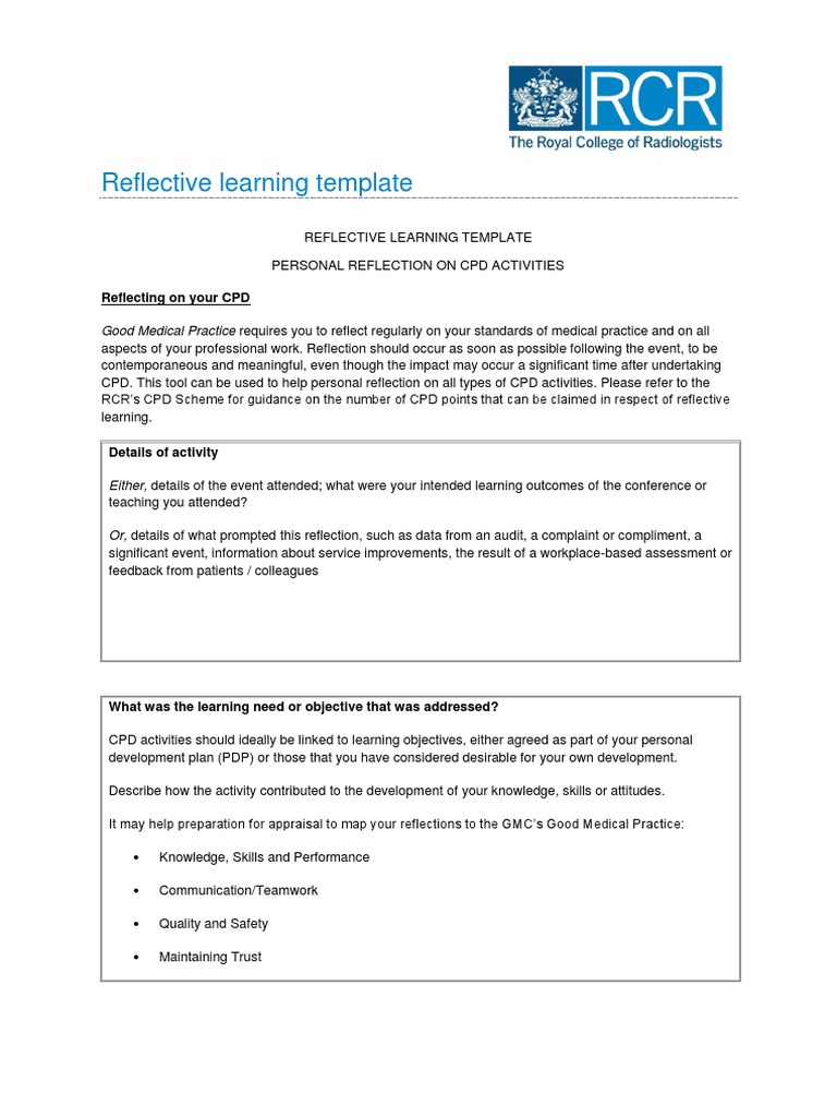 RCR CPD Reflective Learning Template PDF Learning Health Care