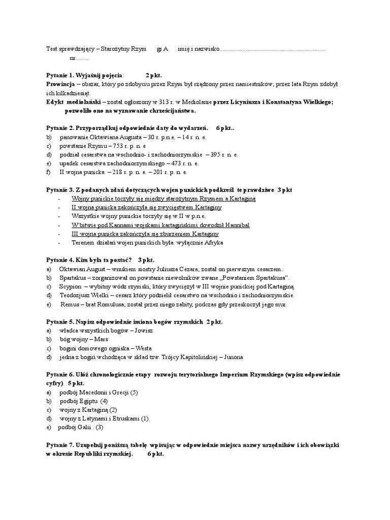 Starożytny Rzym Test Klasa 5 starożytny Rzym sprawdzian