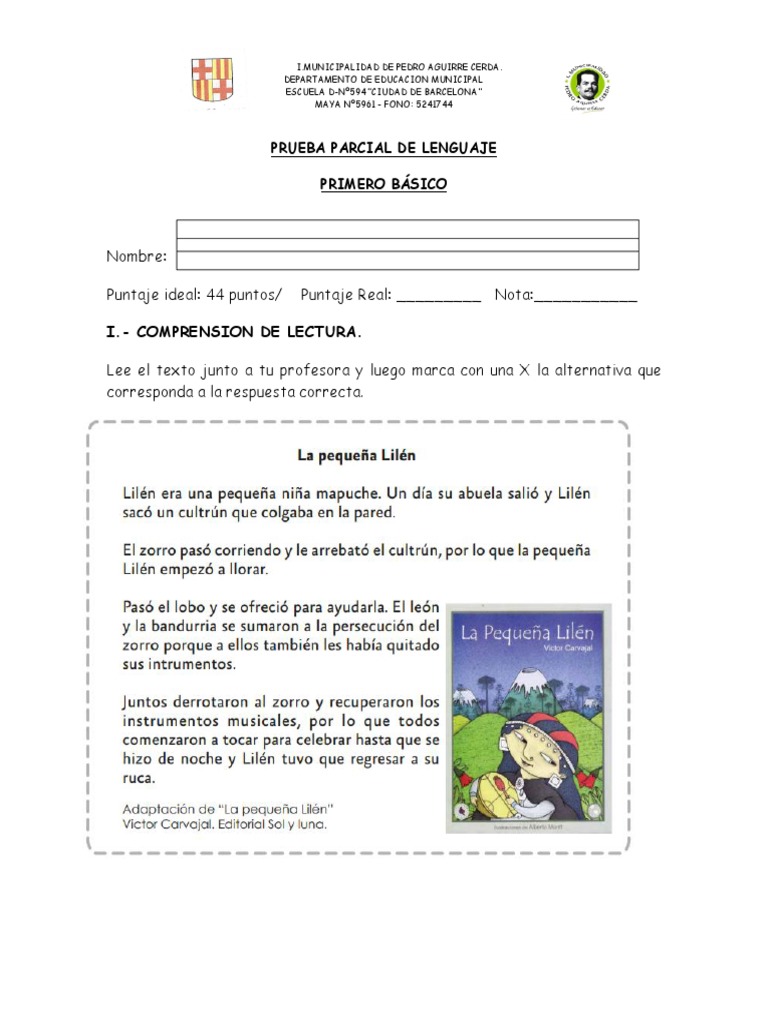 Prueba de Lenguaje Primero Básico | PDF | Artes del Lenguaje y Comunicación