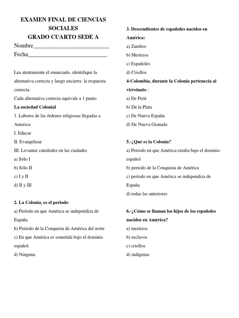 Examen Final de Ciencias Sociales | PDF | Nueva españa | Métis
