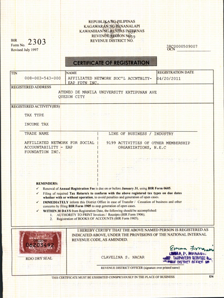 BIR Form 2303 ANSA COR PDF | PDF