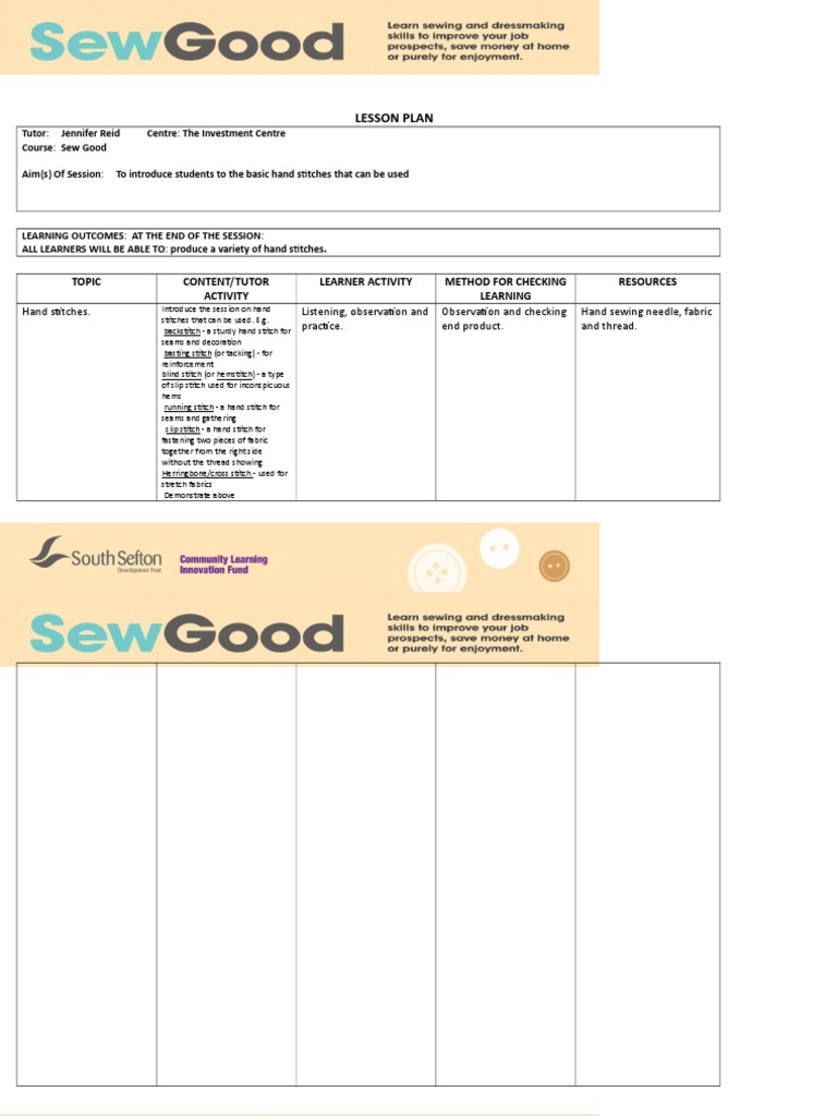 Basic Hand Stitches Lesson Plan | PDF | Sewing | Seam (Sewing)