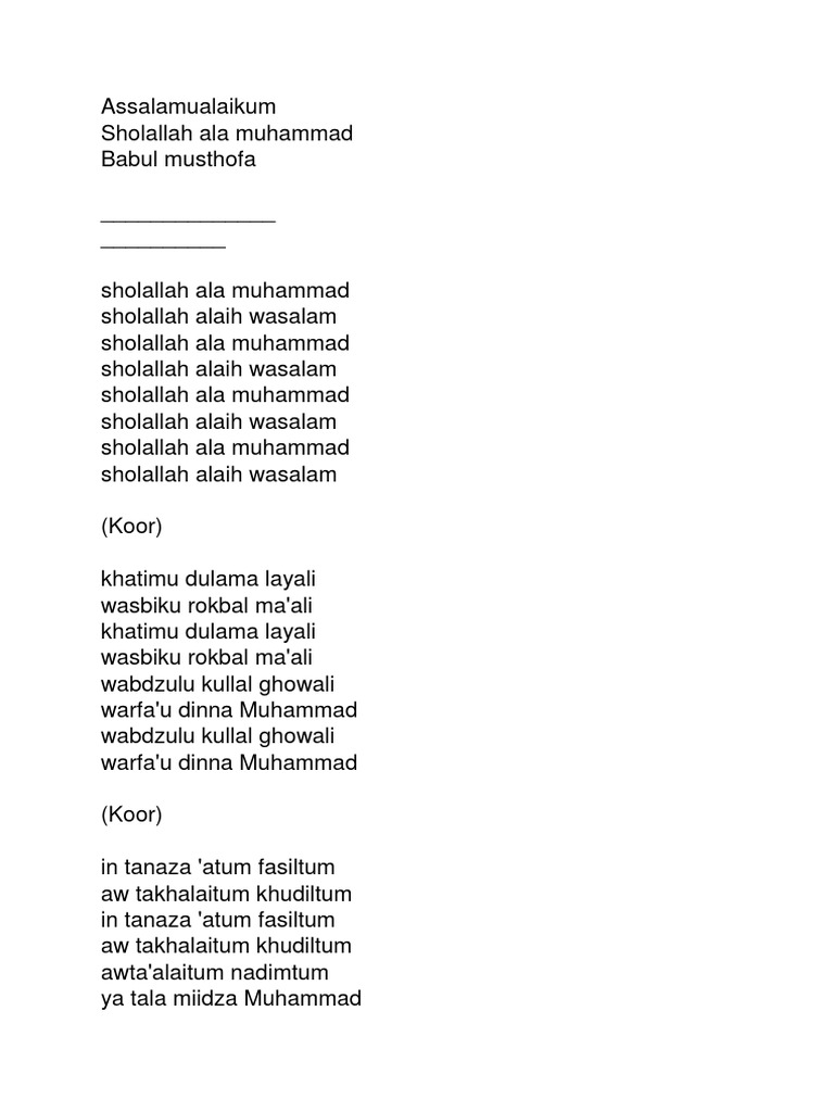 Lirik Sholawat Sholallah Ala Muhammad | PDF