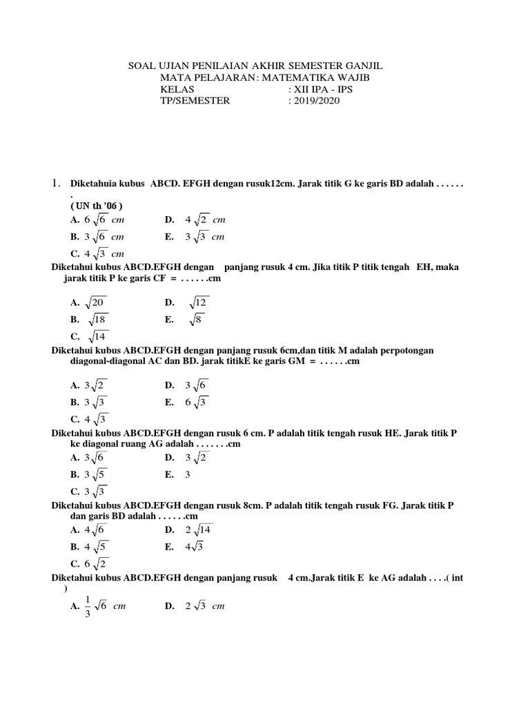 Soal Ph2 S1 Tp19 20 Xii Mipa Ips Matematika Wajib Romastaida