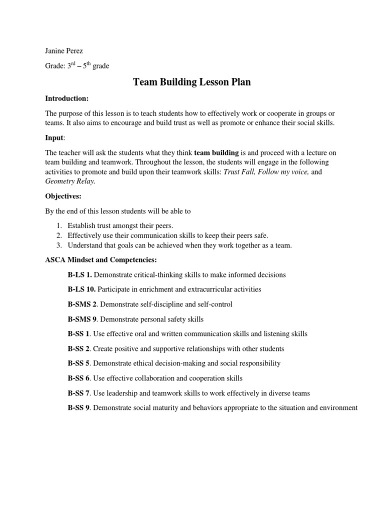 team building lesson plan pdf team building lesson plan