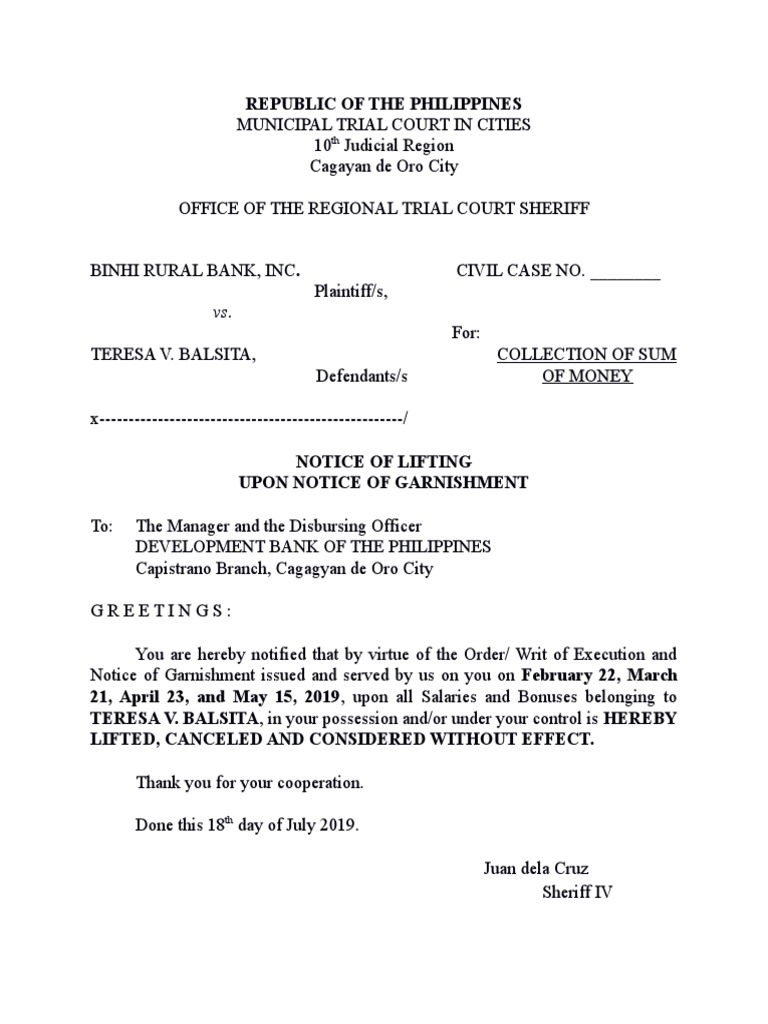 Notice of Lifting Garnishment Order | PDF