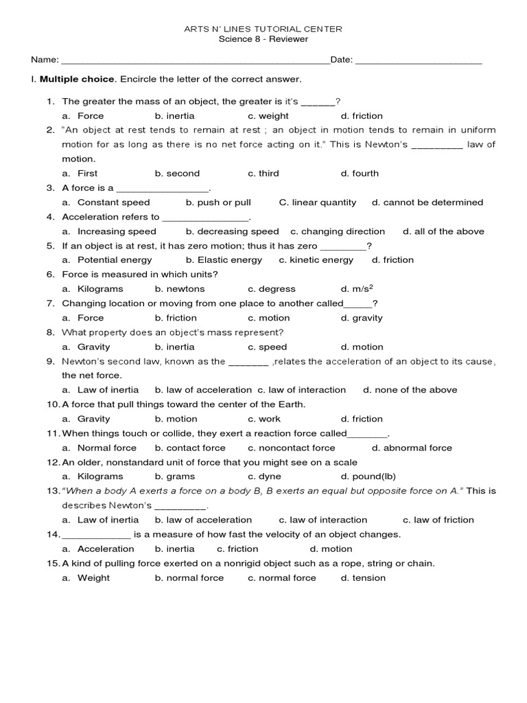 Grade 8 Science PDF Force Mass