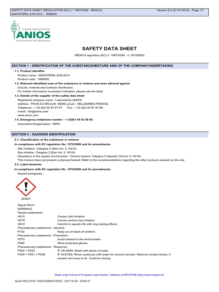 Aniosurf Premium Safety Data Sheet | PDF | Toxicity | Dangerous Goods