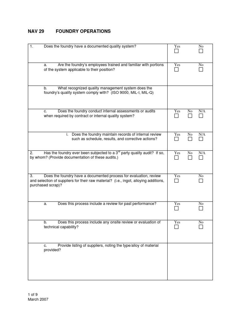 Foundry Audit Checklist Overview | PDF | Business Process | Metals