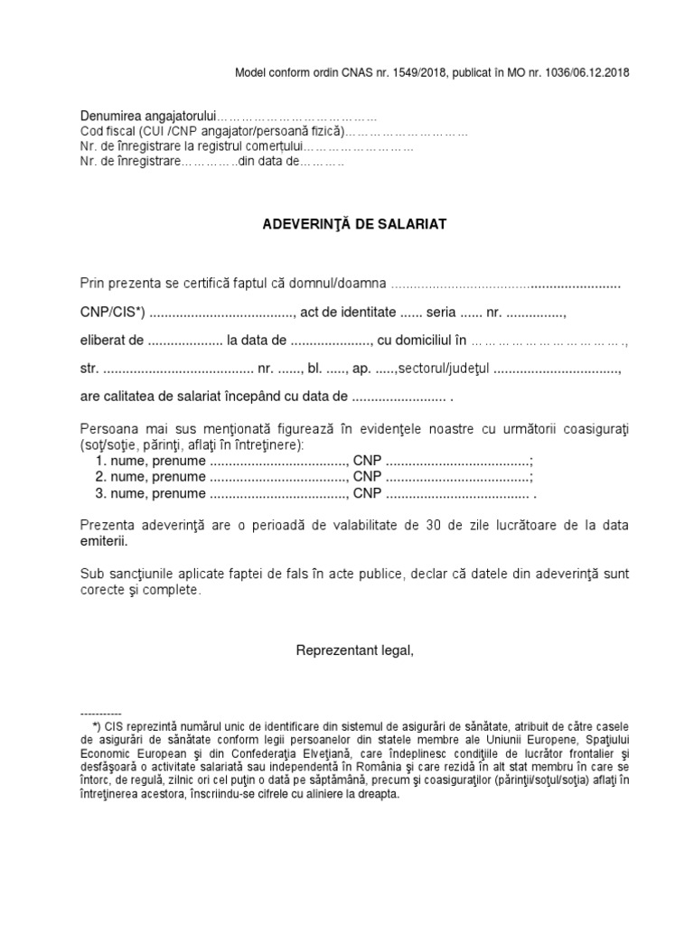 Model Adeverinta De Salariat Ordin 1549