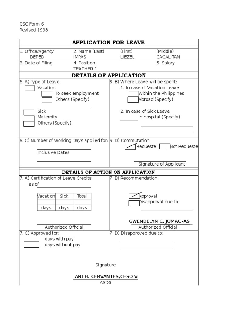Csc form 6 leave form new pdf government business
