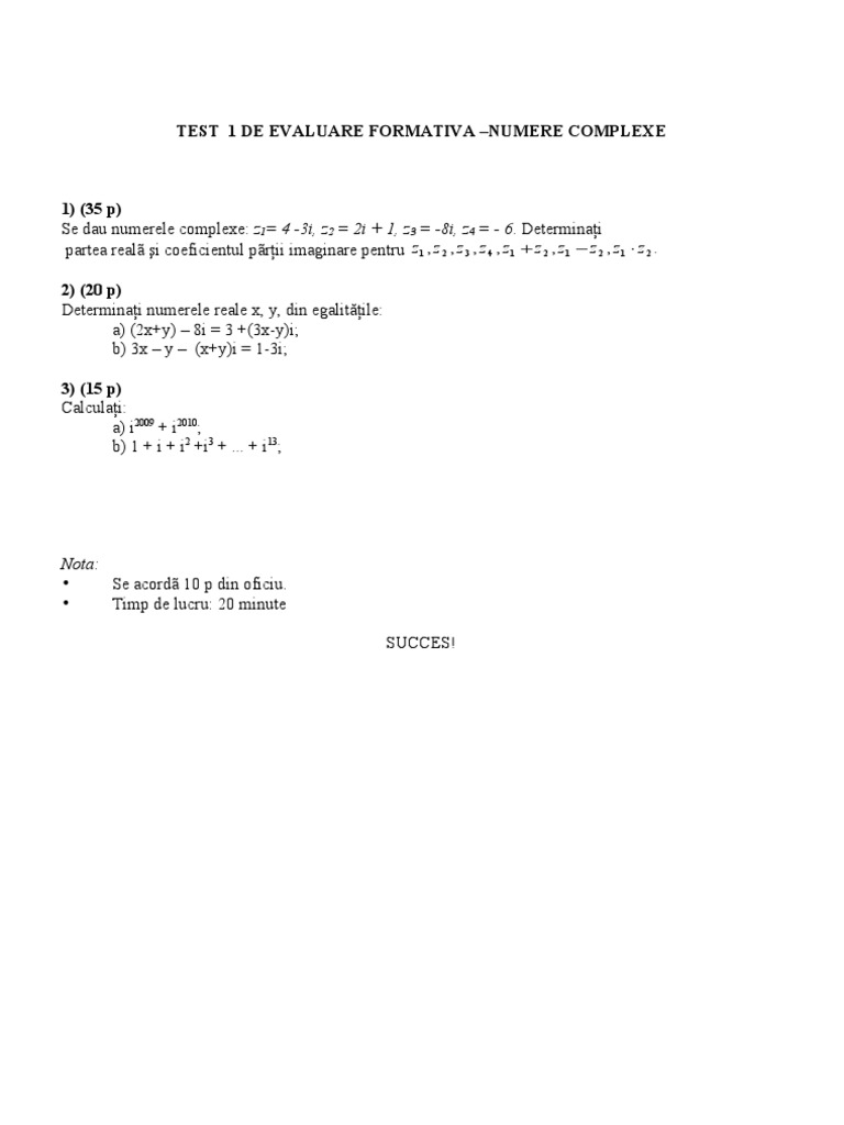 Test 1 de Evaluare Formativa - Numere Complexe | PDF
