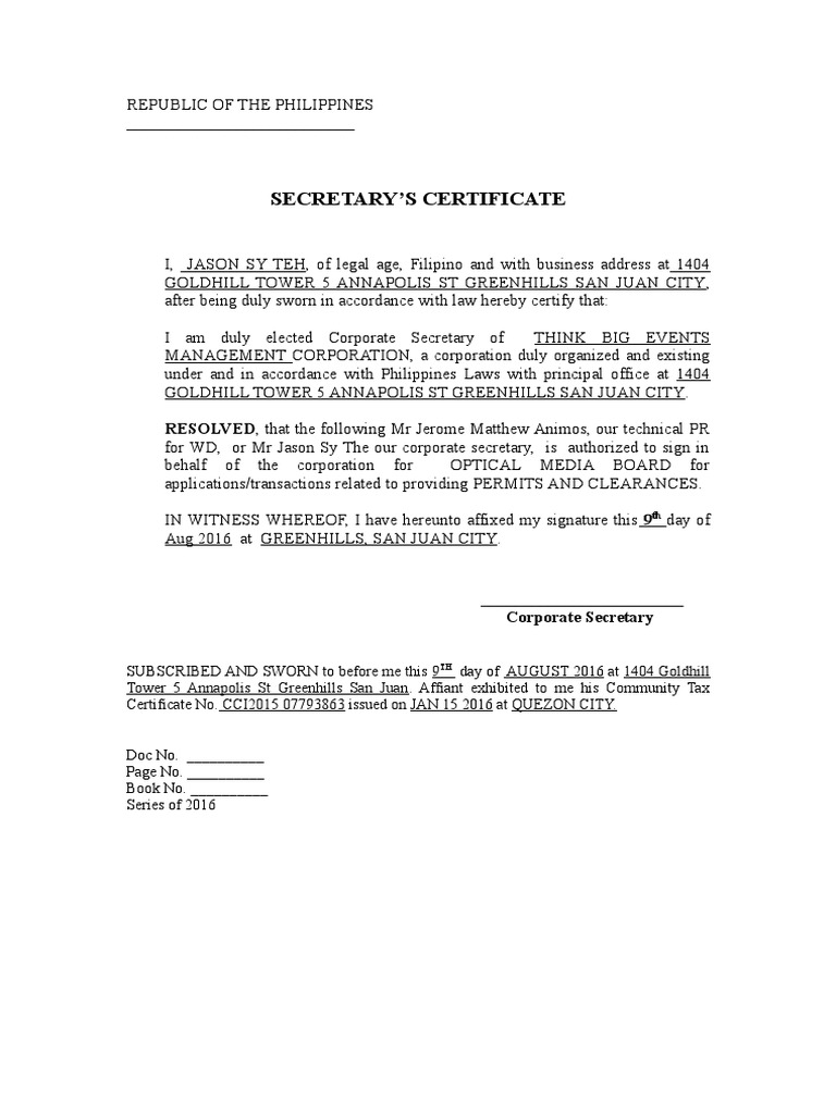 Secretary Certificate for OMB Authorization | PDF