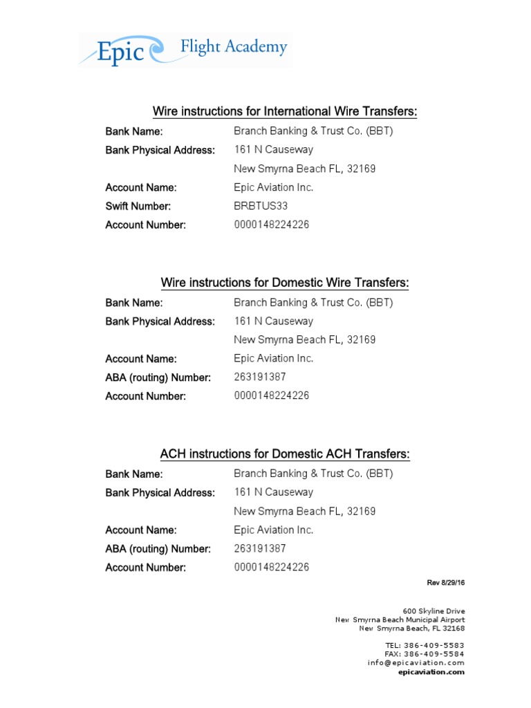 Epic Aviation Wire Transfer Instructions | PDF