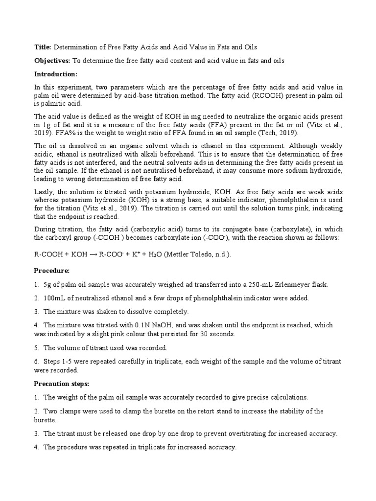 FFA and Acid Value in Palm Oil Titration | PDF | Titration | Chemistry