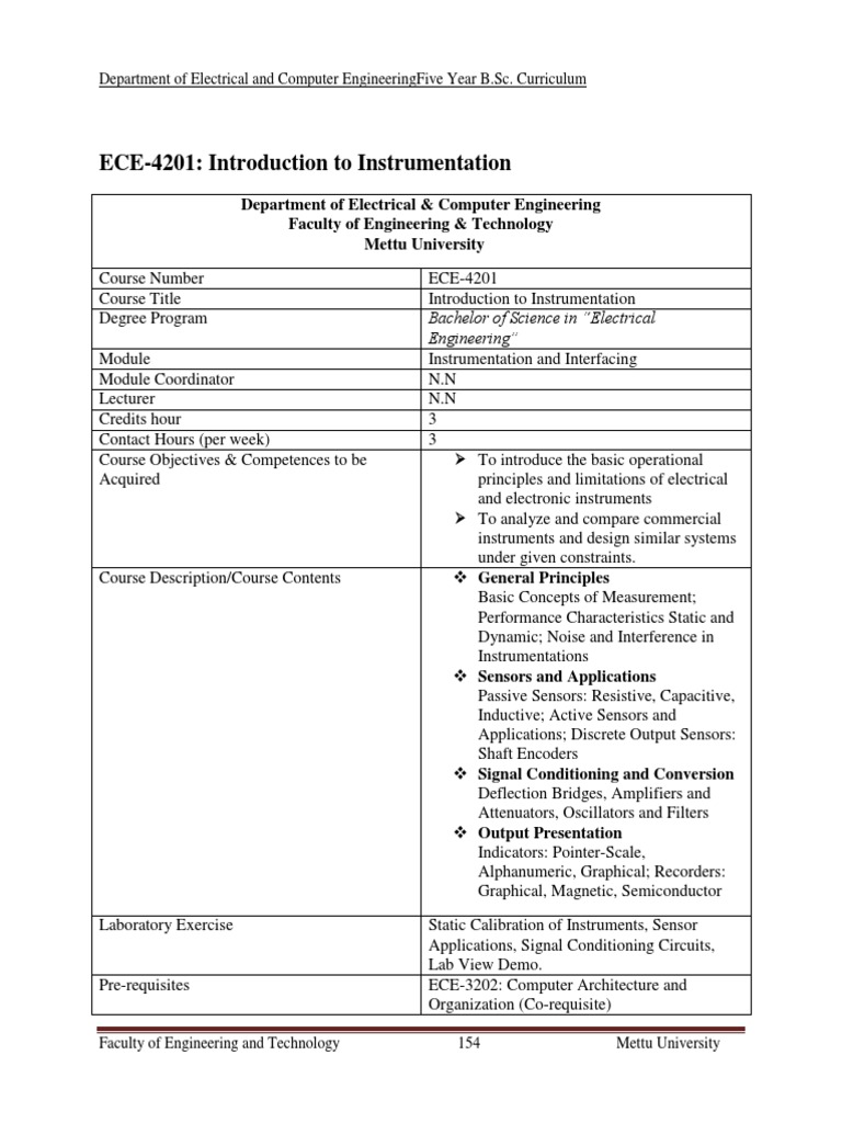 B.Sc. Curriculum for Electrical and Computer Engineering Outlining