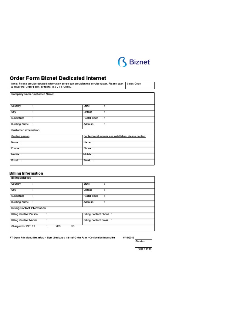 Order Form Biznet Dedicated Internet 1 1 Arbitration Credit Card