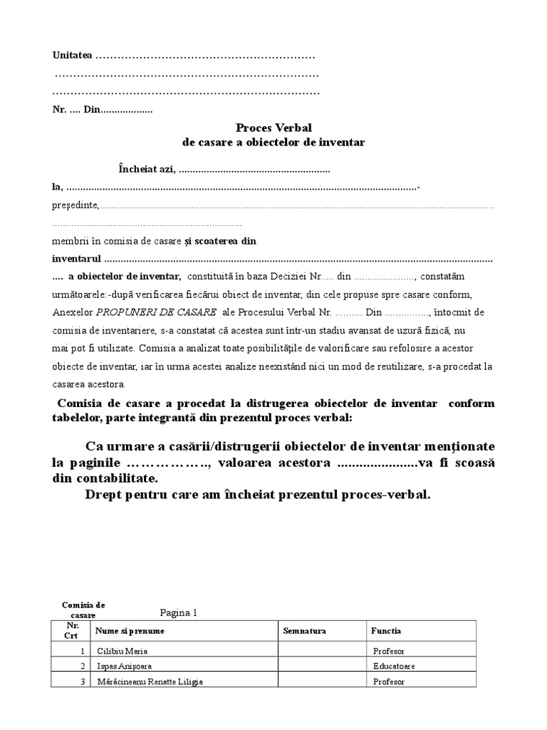 Proces Verbal de Casare Ob Inventar | PDF