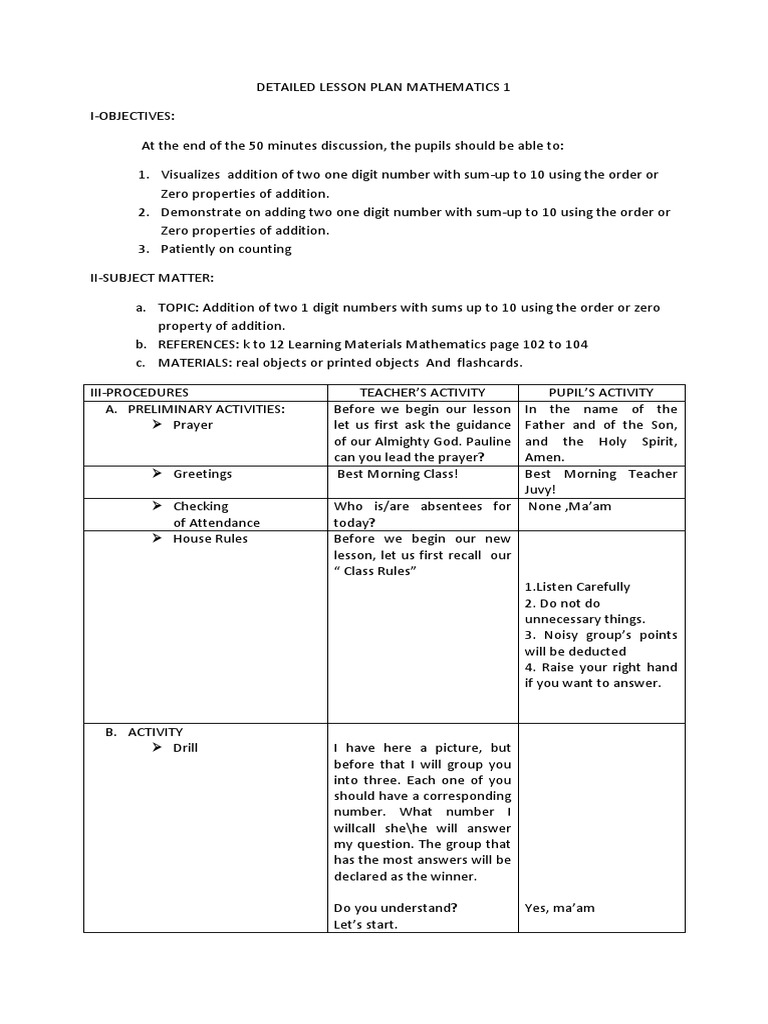 Grade 1 Math Lesson Plan: Addition | PDF | Cognition