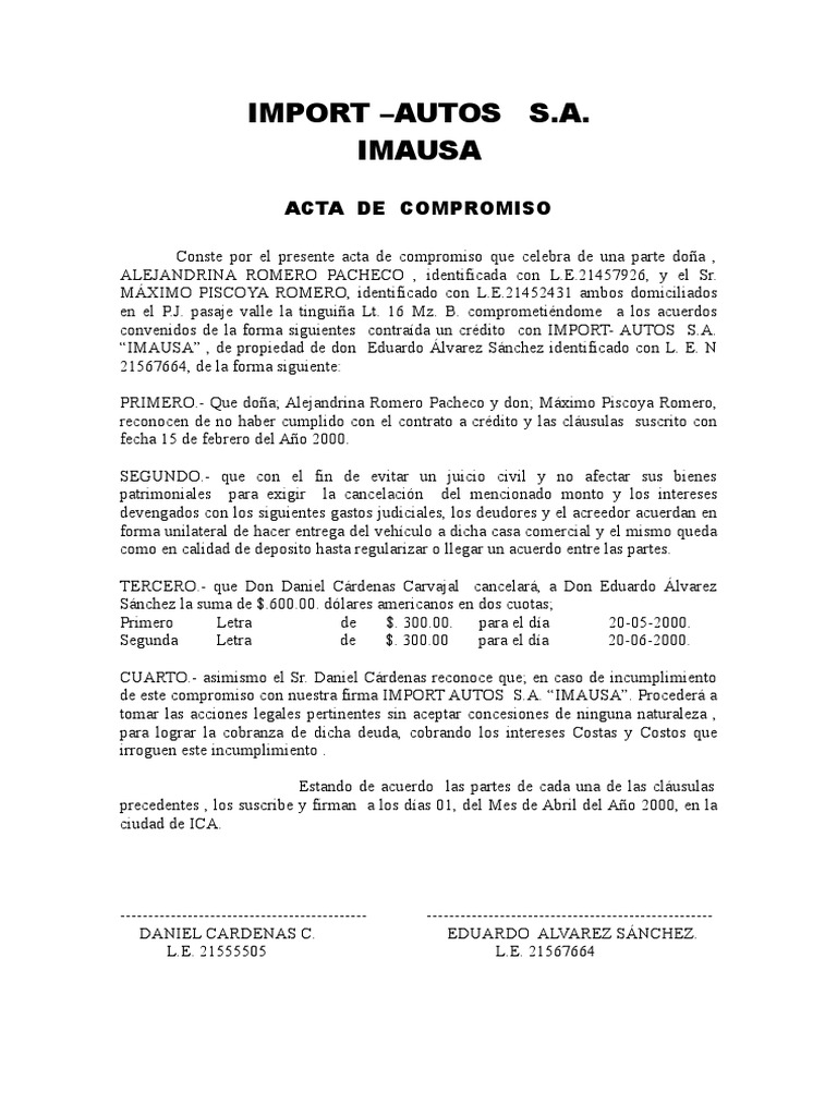 Acta de Compromiso | PDF | Finanzas y dinero