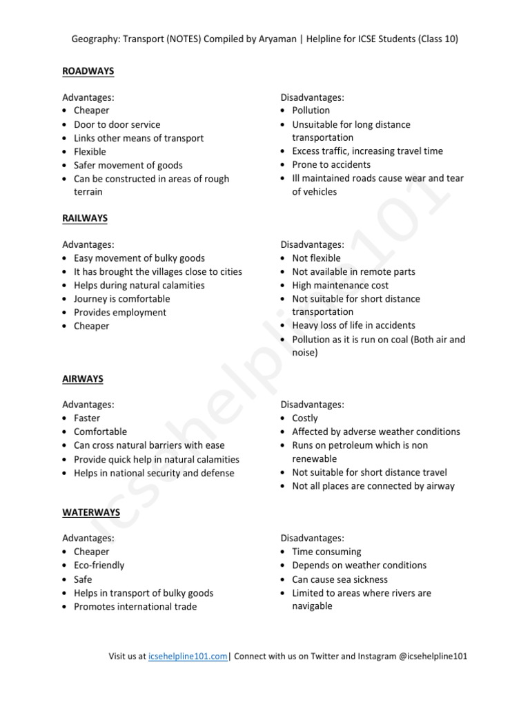 Class 10 ICSE Geography: Transport Notes | PDF | River | Transport