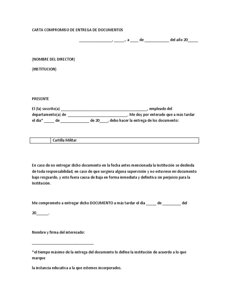 Carta Compromiso De Entrega De Documentos