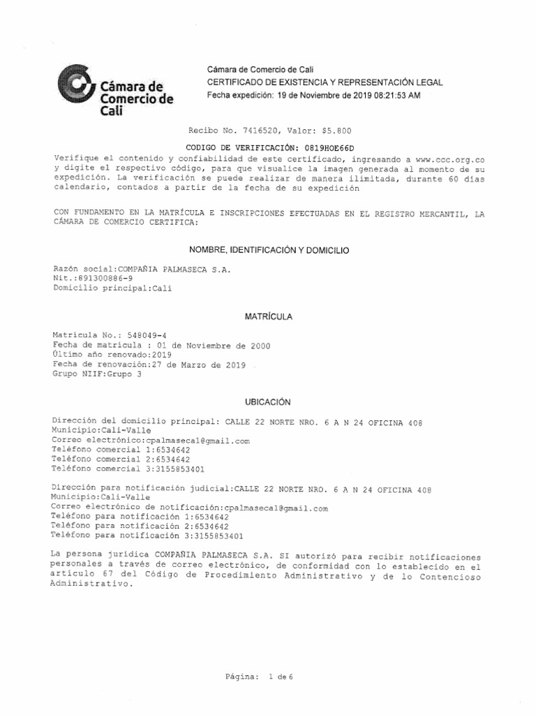 Certificado Cámara de Comercio | PDF
