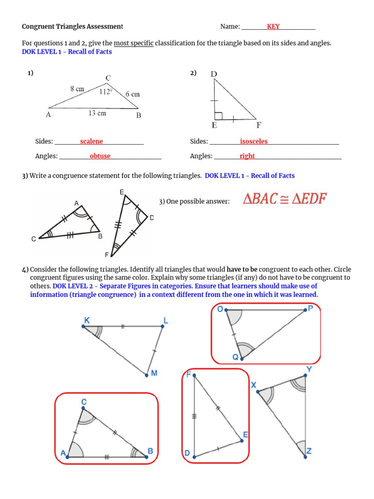 Congruent Triangles Unit Assessment Answer Key With Dok Levels Regarding Congruent Triangles Worksheet With Answer