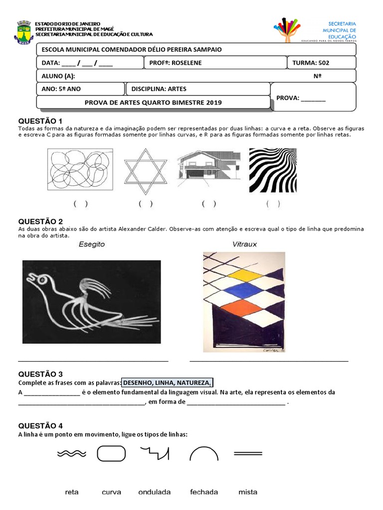 Prova de Artes Quarto Bimestre 2019 5 Ano | PDF