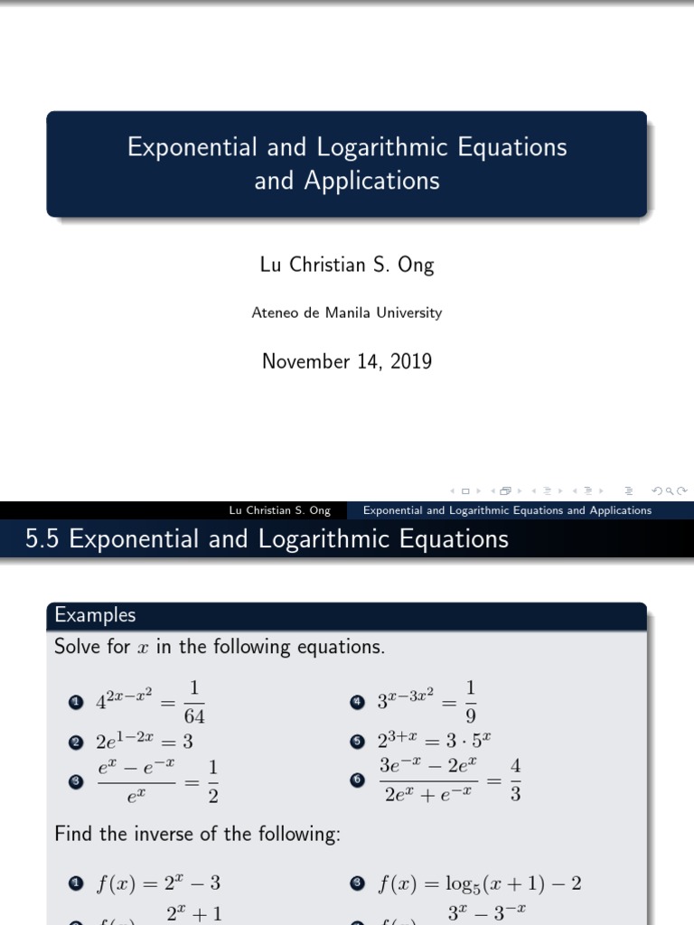 Expo Log Equations and Applications PDF Exponential Function Logarithm