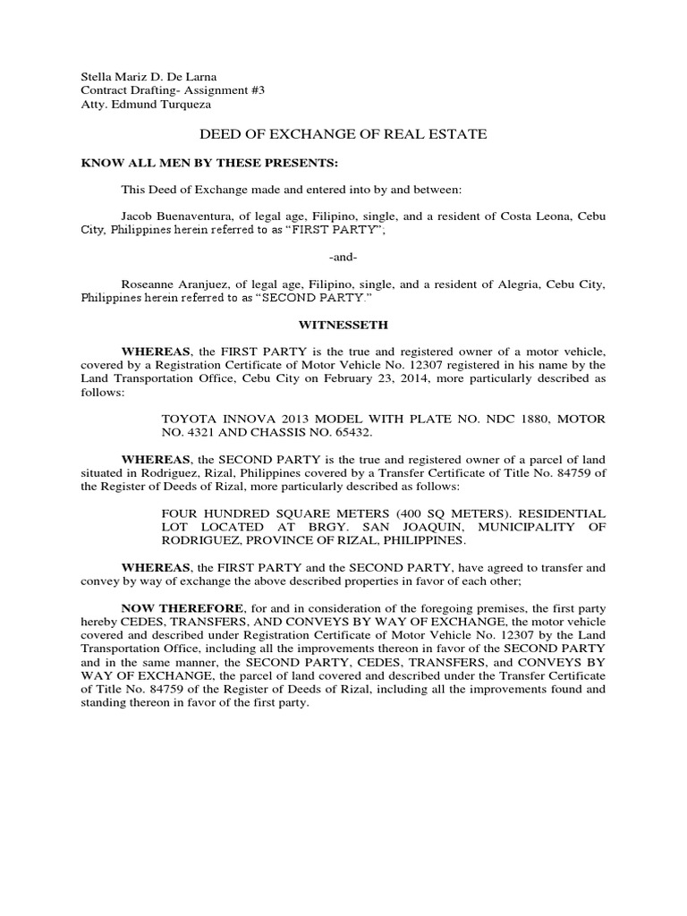 Example Deed of Exchange PDF Mortgage Law Foreclosure