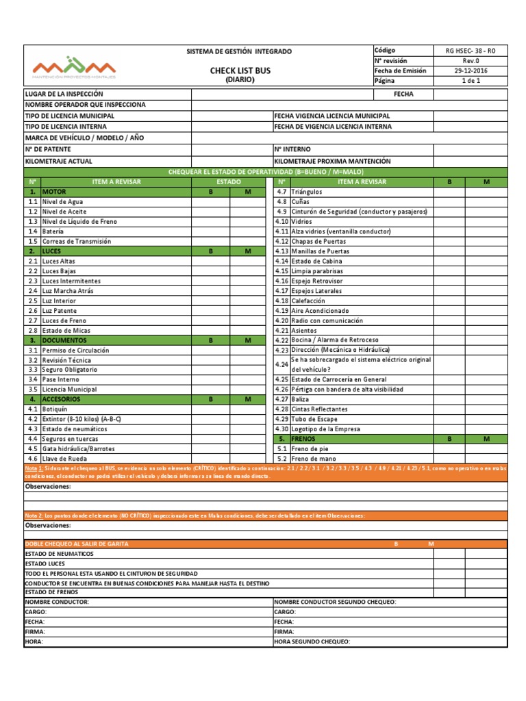 Checklist de Inspección de Bus MPM | PDF | Vehículos terrestres ...
