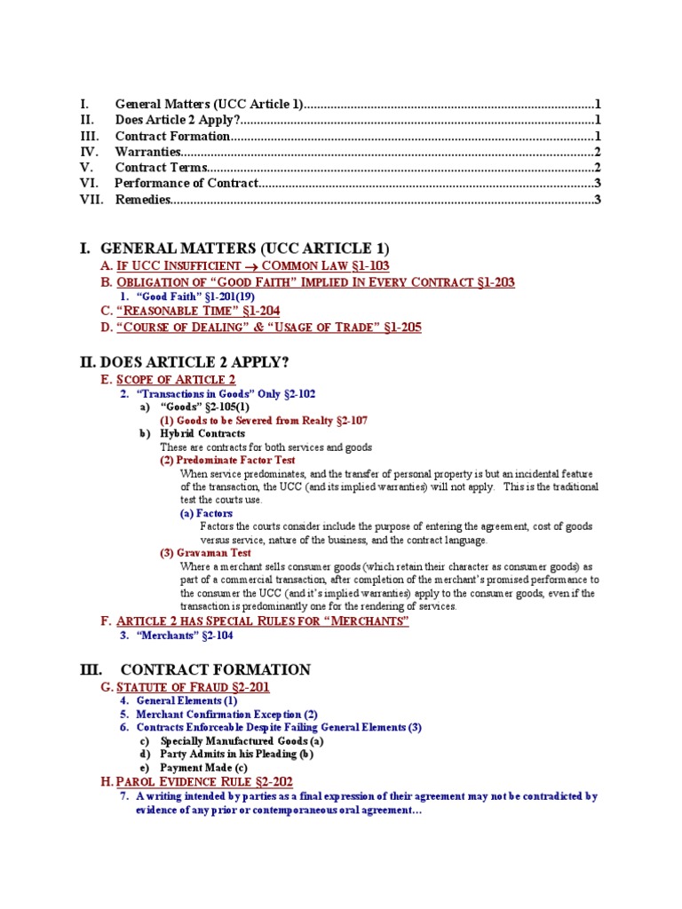I. General Matters (Ucc Article 1) PDF Implied Warranty Uniform