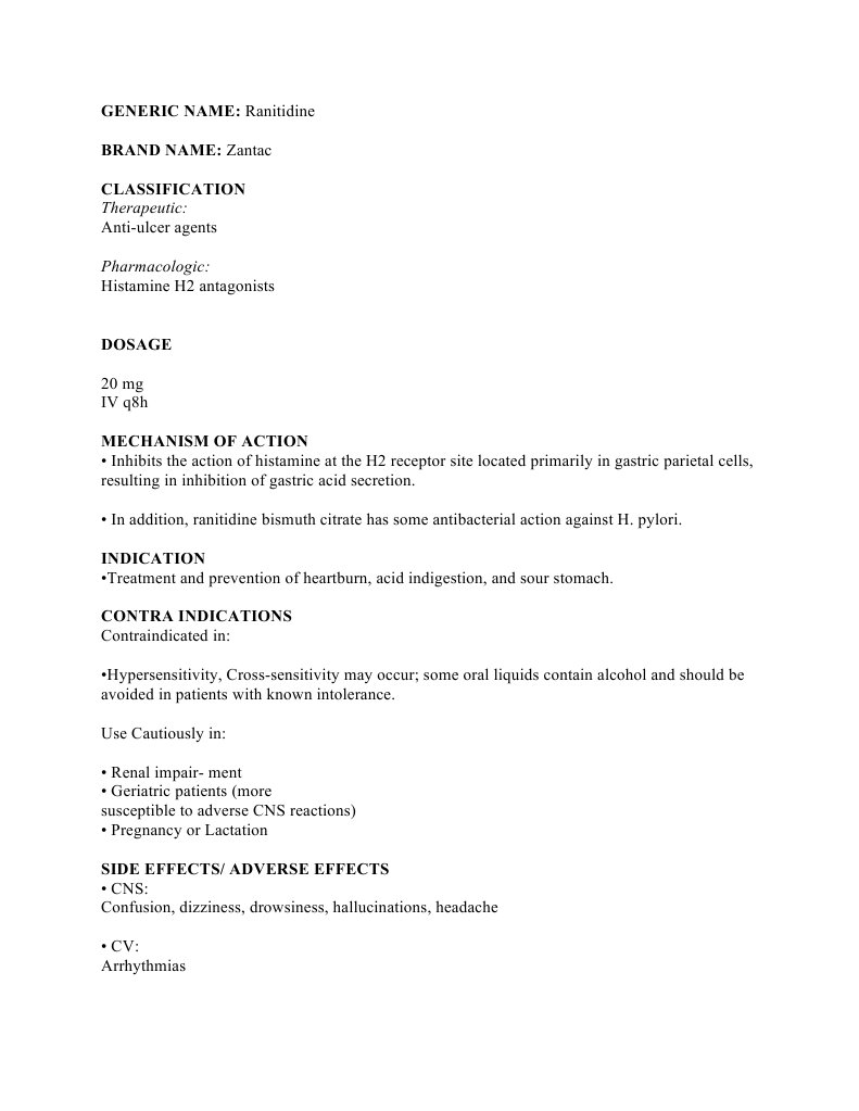 Therapeutic GENERIC NAME Ranitidine BRAND NAME Zantac