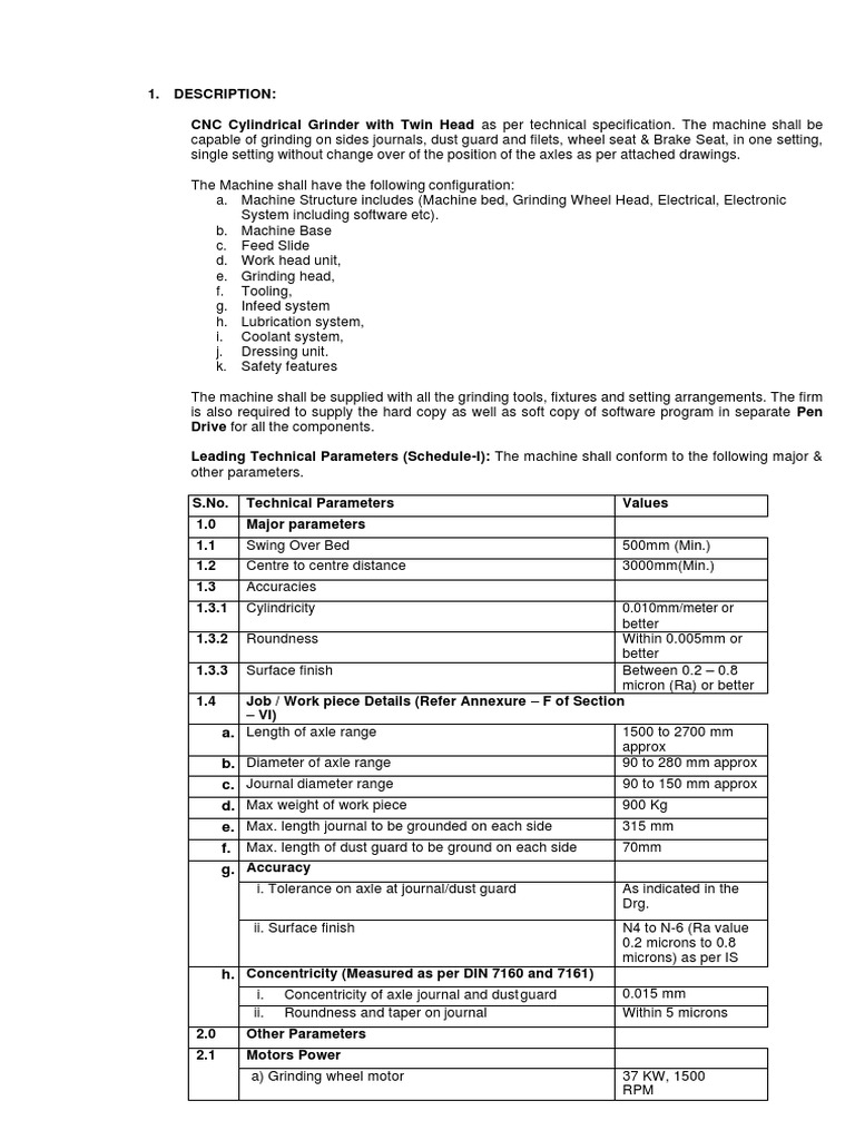 CNC Cylindrical Grinder Specifications | PDF | Electric Motor ...
