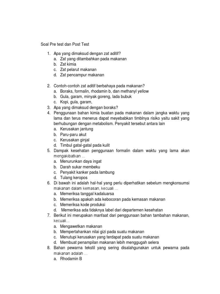 Soal Pre Test Zat Aditif Makanan | PDF | Pengembangan Diri | Kesehatan ...
