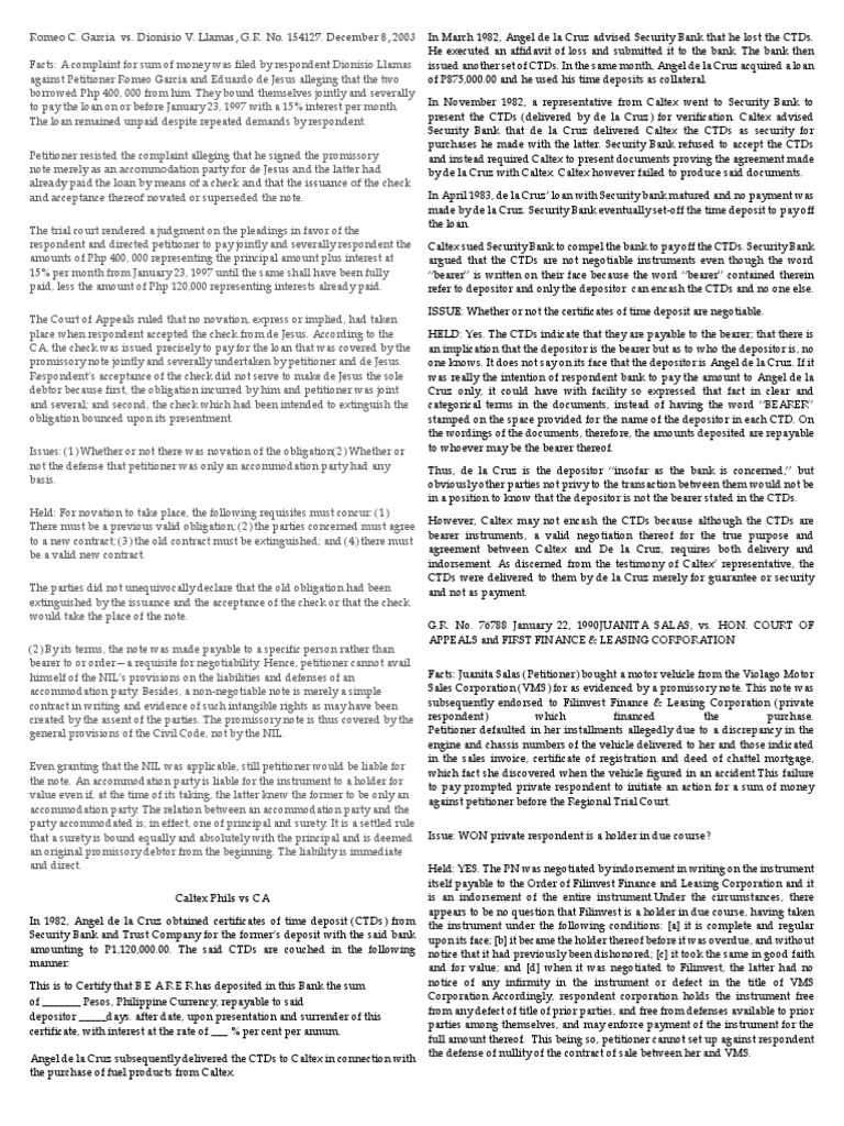 Case Digest PDF Bearer Instrument Promissory Note