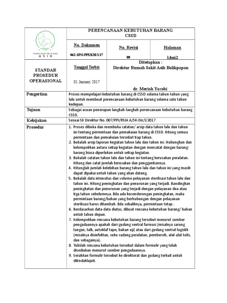 SPO Perencanaan Kebutuhan Barang CSSD | PDF