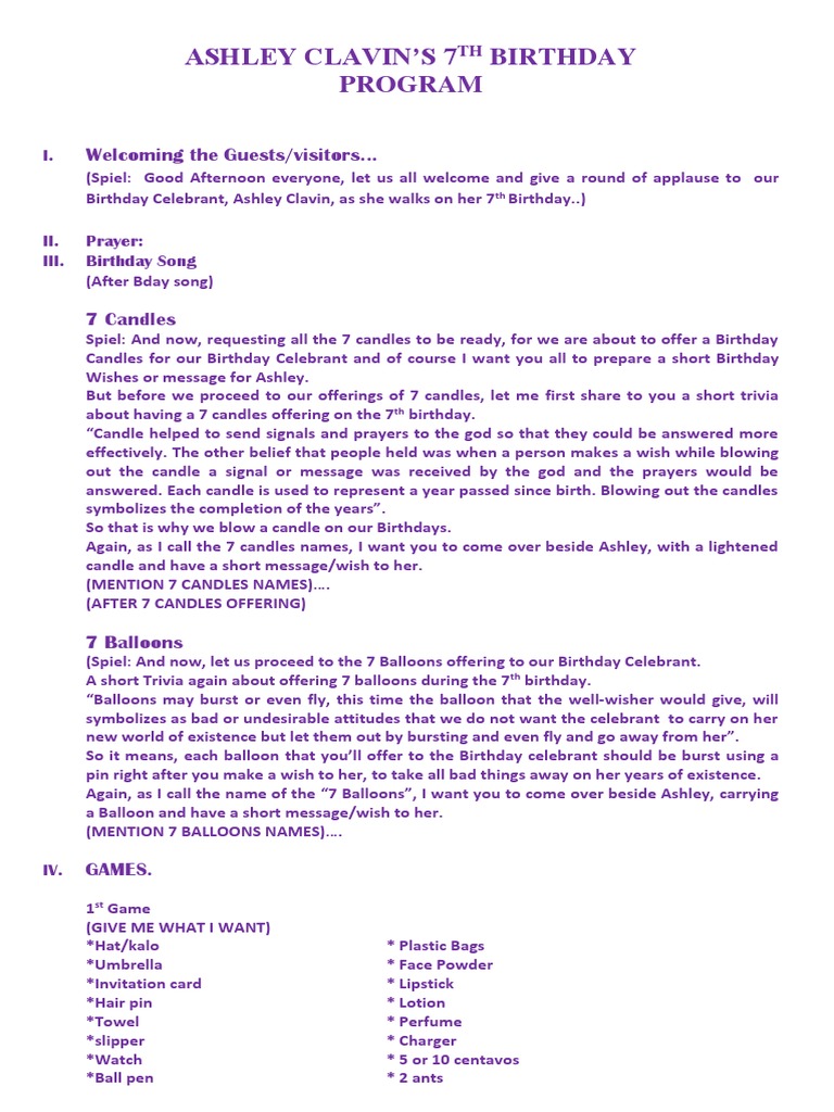Bday Program 7 Candles Roses And Treasures Pdf