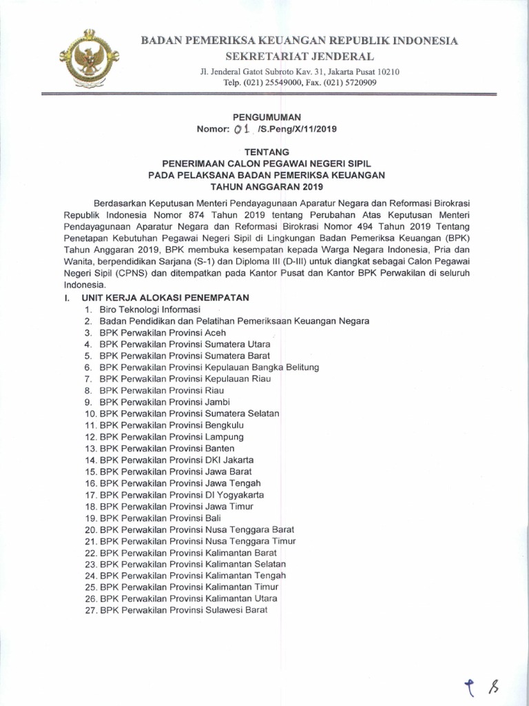 Pengumuman cpns bpk 2019 pdf pdf