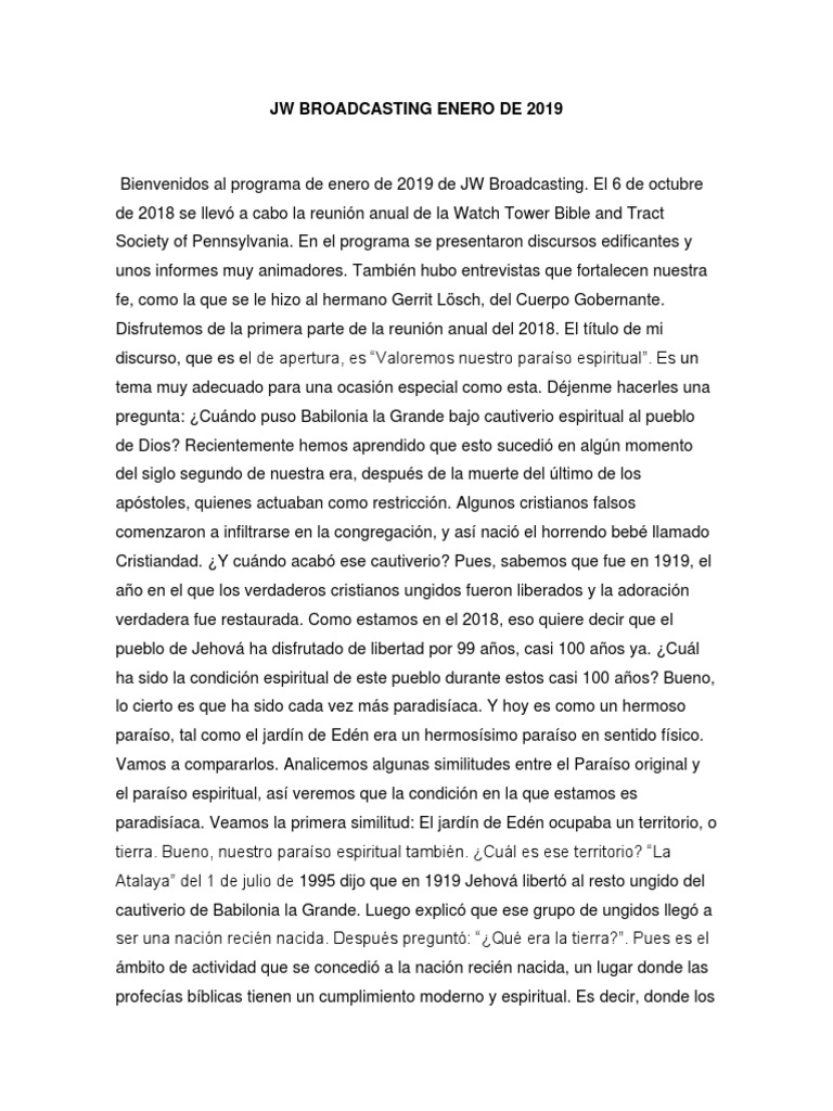 JW Broadcasting Enero de 2019 PDF Jardín del Edén Adán y Eva