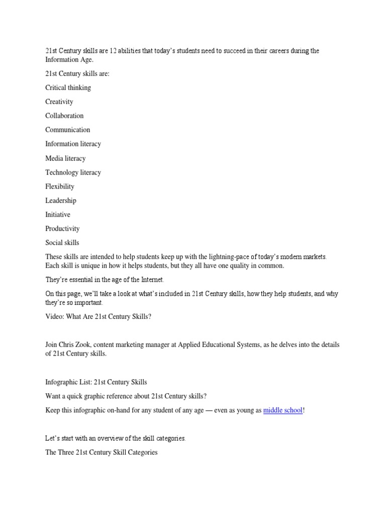 Essential 21st Century Skills Overview | PDF | Leadership | Information ...